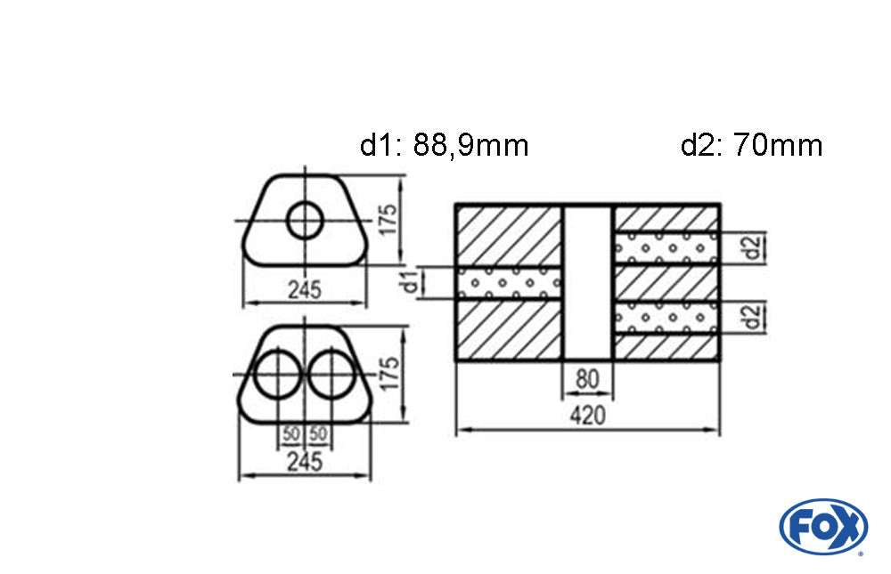 FOX Uni-Schalldämpfer Trapezoid zweiflutig mit Kammer - Abw. 711 245x175mm, d1Ø 88,9mm  d2Ø 70mm, Länge: 420mm - Variante 2