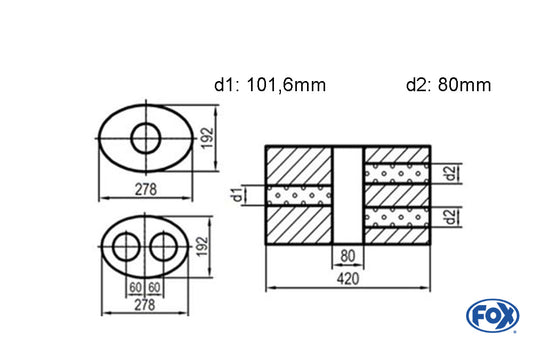 FOX Uni-Schalldämpfer oval zweiflutig mit Kammer - Abw. 754 278x192mm, d1Ø 101,6mm  d2Ø 80mm, Länge: 420mm - Variante 2