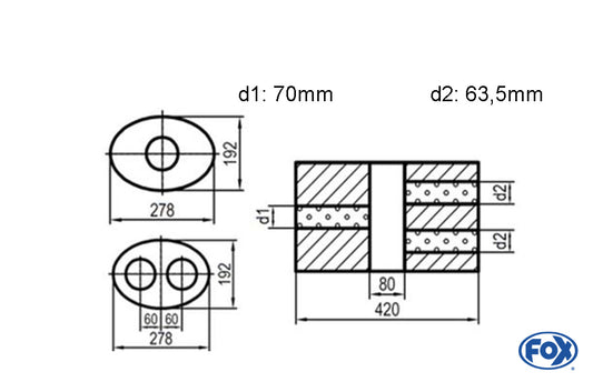 FOX Uni-Schalldämpfer oval zweiflutig mit Kammer - Abw. 754 278x192mm, d1Ø 70mm  d2Ø 60mm, Länge: 420mm - Variante 2