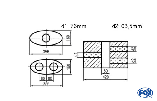 FOX Uni-Schalldämpfer oval zweiflutig mit Kammer - Abw. 818 356x160mm, d1Ø 76mm  d2Ø 63,5mm, Länge: 420mm - Variante 2