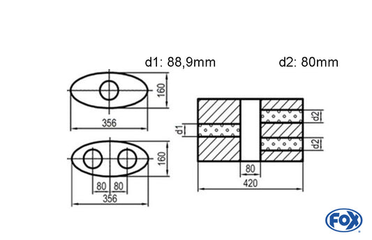 FOX Uni-Schalldämpfer oval zweiflutig mit Kammer - Abw. 818 356x160mm, d1Ø 88,9mm  d2Ø 80mm - Länge: 420mm - Variante 2